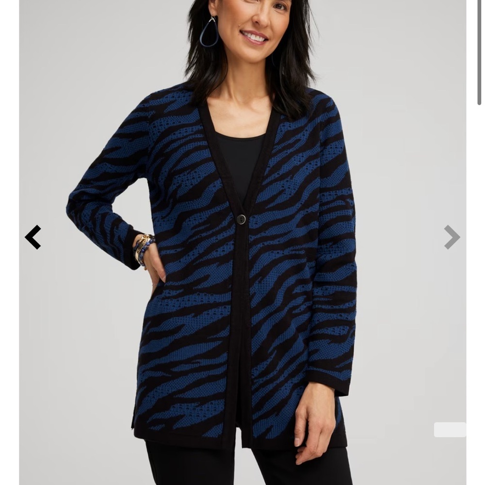 Chico’s Blue & Black Double Knit Zebra Print Cardigan Size Medium